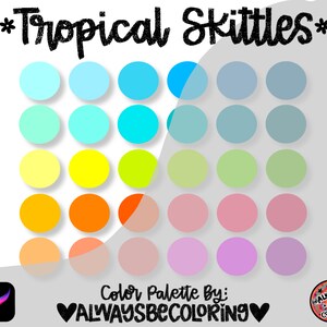 NATYCHMIASTOWE POBIERANIE! Niestandardowa paleta jasnych tropikalnych kolorów i próbki kolorów PDF dla Procreate na iPadzie Pro! Zainspirowane tropikalnymi cukierkami Skittles!