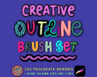 Pode incluir: Um conjunto de 250 pincéis Procreate para arte digital, incluindo uma fonte de contorno desenhada à mão. A imagem mostra a palavra "CREATIVE OUTLINE BRUSH SET" em letras coloridas e delineadas com diferentes texturas e padrões.