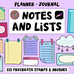 May include: A collection of digital planner and journal elements, including task lists, speech bubbles, and note pages. The text "NOTES AND LISTS" is prominently displayed, along with "212 PROCREATE STAMPS & BRUSHES". The design features a soft purple background.