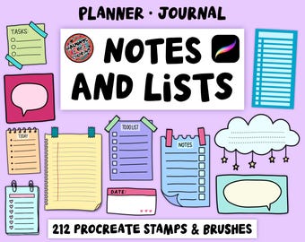 212 Procreate Notes and Lists Stamps, Monoline, Dot Line, Dash Line Brushes, Seamless Paper Patterns, Digital Planner Stamps, Journal