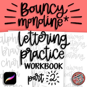 10 Procreate Brushes, 10 Lettering Practice Worksheets, Learn Bouncy Monoline Style Procreate Lettering, Calligraphy, Lettering Workbook