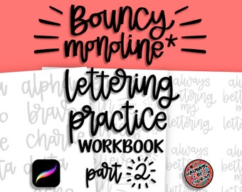 10 Procreate Brushes, 10 Lettering Practice Worksheets, Learn Bouncy Monoline Style Procreate Lettering, Calligraphy, Lettering Workbook