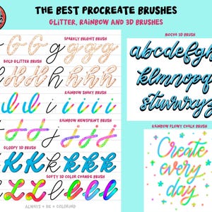 May include: Digital art brushes for Procreate, including glitter, rainbow, and 3D styles. The image displays examples of various brushstrokes, such as "Sparkly Bright," "Bold Glitter," and "Mocha 3D." The phrase "Create every day" is also shown.