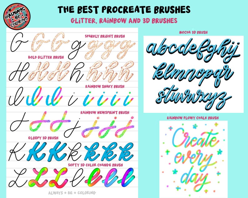May include: Digital art brushes for Procreate, including glitter, rainbow, and 3D styles. The image displays examples of various brushstrokes, such as "Sparkly Bright," "Bold Glitter," and "Mocha 3D." The phrase "Create every day" is also shown.