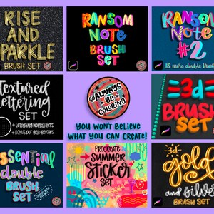 May include: A collection of nine digital brush sets for Procreate, featuring colorful and playful lettering styles. The sets include "Rise and Sparkle", "Ransom Note", "Textured Lettering", "Essential Double Brush", "3d Brush", "Procreate Summer Sticker", and "3d Gold and Silver Brush".