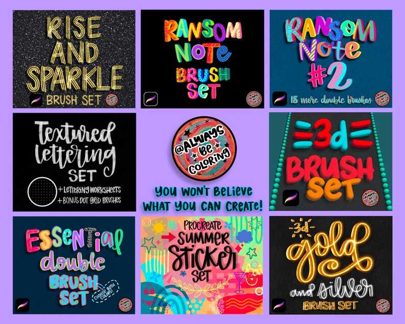 May include: A collection of nine digital brush sets for Procreate, featuring colorful and playful lettering styles. The sets include "Rise and Sparkle", "Ransom Note", "Textured Lettering", "Essential Double Brush", "3d Brush", "Procreate Summer Sticker", and "3d Gold and Silver Brush".