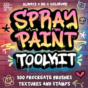 May include: A digital art toolkit with 300 Procreate brushes, textures, and stamps. The image features a brick wall background with graffiti-style text that says "Spray Paint Toolkit".
