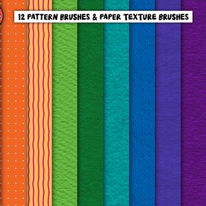 May include: A digital collection of 12 pattern and paper texture brushes displayed as vertical strips in colors including pink, orange, yellow, green, teal, blue, and purple. The text 12 PATTERN BRUSHES & PAPER TEXTURE BRUSHES is centered at the top.