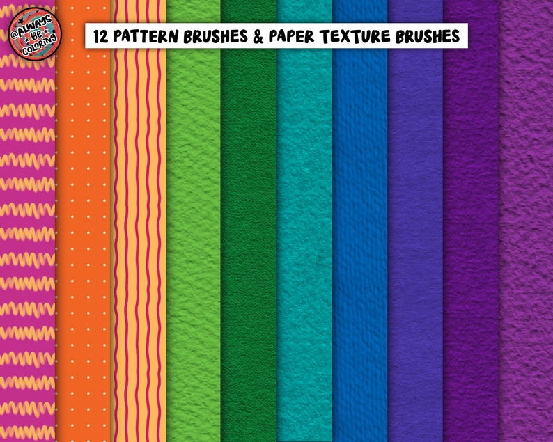 May include: A digital collection of 12 pattern and paper texture brushes displayed as vertical strips in colors including pink, orange, yellow, green, teal, blue, and purple. The text 12 PATTERN BRUSHES & PAPER TEXTURE BRUSHES is centered at the top.