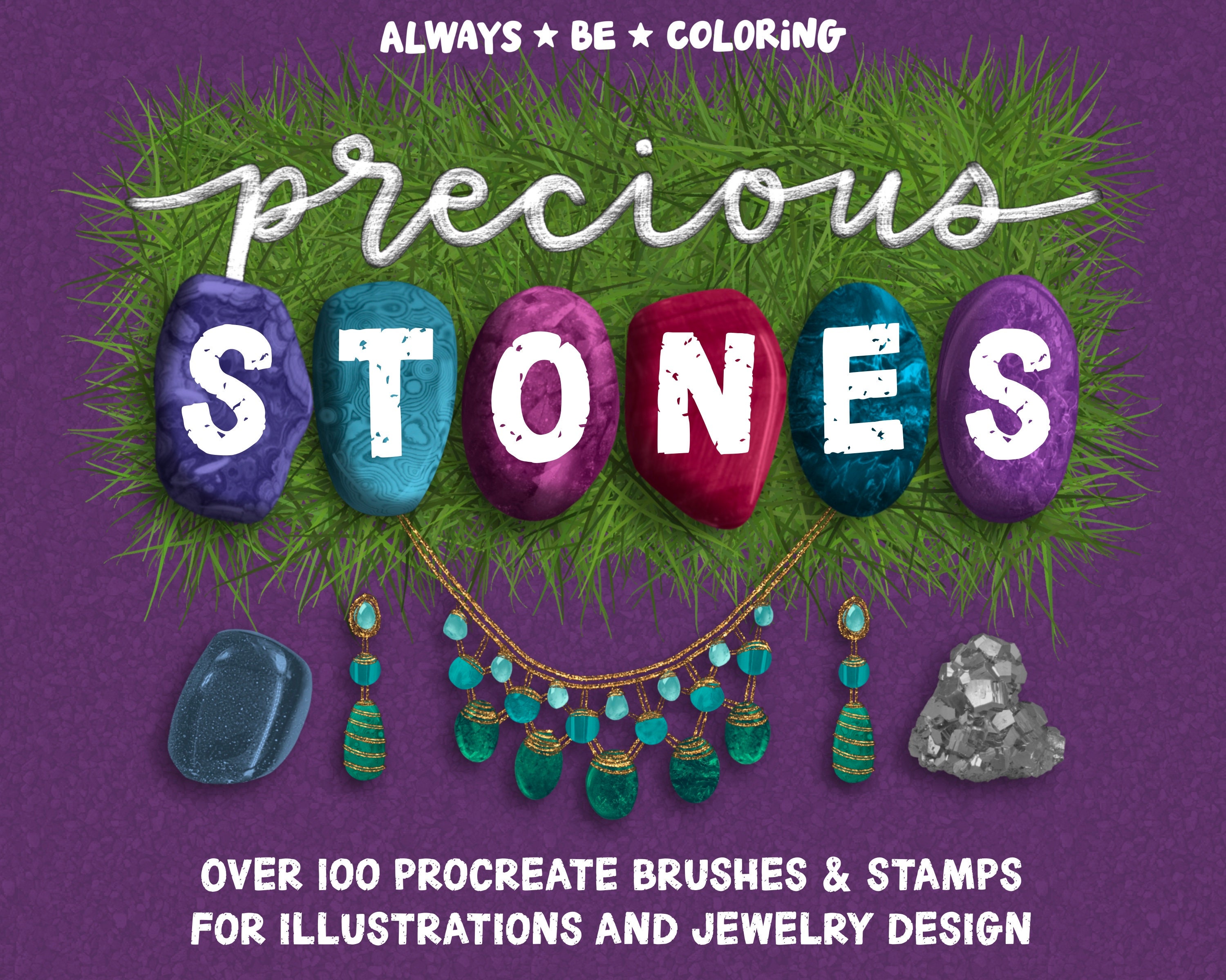 Más de 100 sellos y pinceles de Procreate: gemas, cristales, diamantes, metálicos + texturas sin costuras