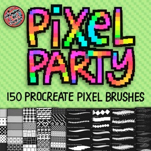 Puede incluir: Un conjunto de 150 pinceles de píxeles de Procreate para arte digital. Los pinceles se muestran en filas sobre un fondo negro. Los pinceles incluyen varias formas, tamaños y texturas, como puntos, líneas, cuadrados y tableros de ajedrez.