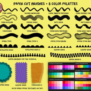 Puede incluir: Una ilustraci&oacute;n digital de pinceles de corte de papel y 8 paletas de colores. La imagen muestra 16 estilos de pinceles diferentes, incluyendo un fino liner, un monoline cuadrado, un contorno desgarrado, un borde de papel, un borde suave, un borde desgarrado, cinta washi, un borde festoneado, un borde en zigzag y un pincel de cremallera. La imagen tambi&eacute;n muestra 8 paletas de colores con diferentes combinaciones de colores.