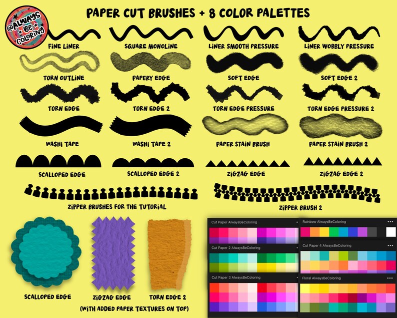 Puede incluir: Una ilustraci&oacute;n digital de pinceles de corte de papel y 8 paletas de colores. La imagen muestra 16 estilos de pinceles diferentes, incluyendo un fino liner, un monoline cuadrado, un contorno desgarrado, un borde de papel, un borde suave, un borde desgarrado, cinta washi, un borde festoneado, un borde en zigzag y un pincel de cremallera. La imagen tambi&eacute;n muestra 8 paletas de colores con diferentes combinaciones de colores.