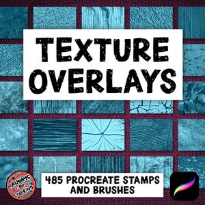 Op de afbeelding: Een digitale collectie van 485 Procreate-stempels en penselen met diverse blauwgetinte textuuroverlays. De afbeelding toont een raster van uiteenlopende patronen, waaronder gebarsten, gestreepte en korrelige oppervlakken met de tekst TEXTURE OVERLAYS.