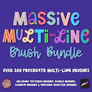 Op de afbeelding: Een kleurrijk grafisch ontwerp met de tekst "Massive Multi-Line Brush Bundle" en "Over 200 Procreate Multi-Line Brushes". Het ontwerp bevat een logo met de tekst "@Always Be Coloring".