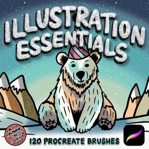 May include: Illustration Essentials graphic with a cartoon bear wearing a party hat, set against a snowy mountain backdrop. The text "Illustration Essentials" is at the top, with "120 Procreate Brushes" at the bottom. Includes the Procreate app logo.
