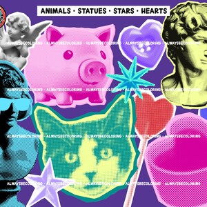 Może przedstawiać: Kolaż obraz&oacute;w w stylu pop-art na fioletowym tle. Zawiera r&oacute;żową świnię, kota, popiersie Dawida, gwiazdy, serca oraz tekst "ANIMALS &bull; STATUES &bull; STARS &bull; HEARTS".