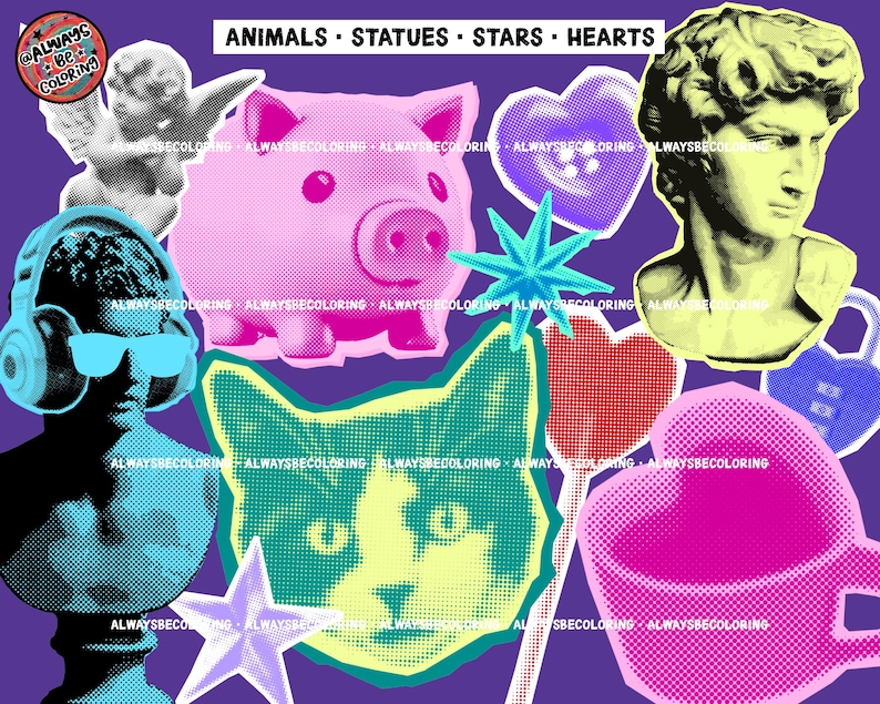 Może przedstawiać: Kolaż obraz&oacute;w w stylu pop-art na fioletowym tle. Zawiera r&oacute;żową świnię, kota, popiersie Dawida, gwiazdy, serca oraz tekst "ANIMALS &bull; STATUES &bull; STARS &bull; HEARTS".