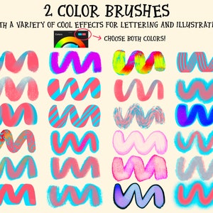May include: A set of 20 digital brush designs for lettering and illustration. The brushes are in a variety of styles, including stripes, dots, and textures. The brushes are in two colors, pink and blue. The text "2 COLOR BRUSHES" and "WITH A VARIETY OF COOL EFFECTS FOR LETTERING AND ILLUSTRATION!" is at the top of the image. The text "CHOOSE BOTH COLORS!" is at the top right of the image.