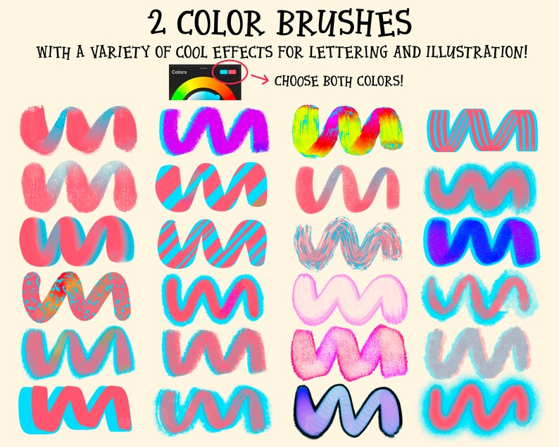 May include: A set of 20 digital brush designs for lettering and illustration. The brushes are in a variety of styles, including stripes, dots, and textures. The brushes are in two colors, pink and blue. The text "2 COLOR BRUSHES" and "WITH A VARIETY OF COOL EFFECTS FOR LETTERING AND ILLUSTRATION!" is at the top of the image. The text "CHOOSE BOTH COLORS!" is at the top right of the image.