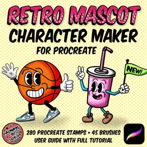 Procreate Retro Mascot Character Maker Set! 280 Procreate Stamps, 45 Halftone, Texture, & Seamless Pattern Brushes! Faces, Bodies, Arms, Leg