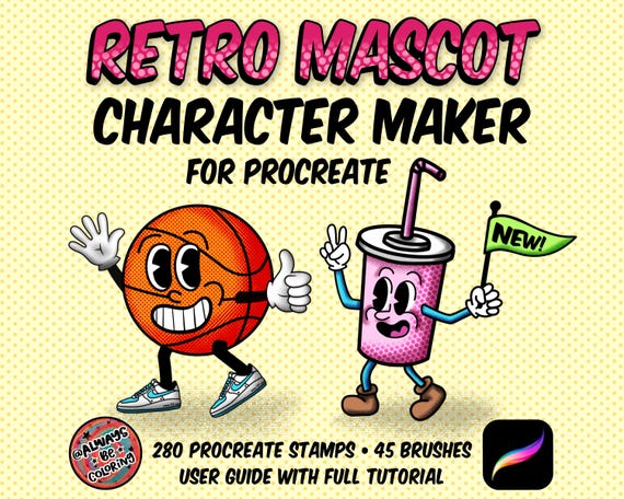 Procreate Retro Mascot Character Maker Set! 280 Procreate Stamps, 45 Halftone, Texture, & Seamless Pattern Brushes! Faces, Bodies, Arms, Leg