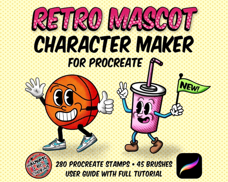¡Conjunto de creación de personajes de mascota retro para Procreate! ¡280 sellos para Procreate, 45 pinceles de semitonos, texturas y patrones sin costuras! Caras, cuerpos, brazos, piernas imagen 1