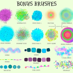 May include: A collection of 16 colorful digital art brushes, including fur, rainbow dots, speed paint, halftone, double bubbles, 2 color stardust, rainbow flicks, crazy germs, ribbon, stones, 2 color lights, dashes, bullseyes, star lights, and sprinkles.