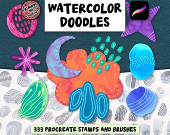 333 Procreate Watercolor Doodles Stamps, Blending Paint Brushes, Inking & Illustration and Paper Texture Brushes