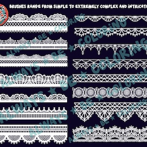 May include: A set of 10 white lace borders, ranging from simple to intricate, on a dark blue background. The borders are perfect for adding a touch of elegance to any project.