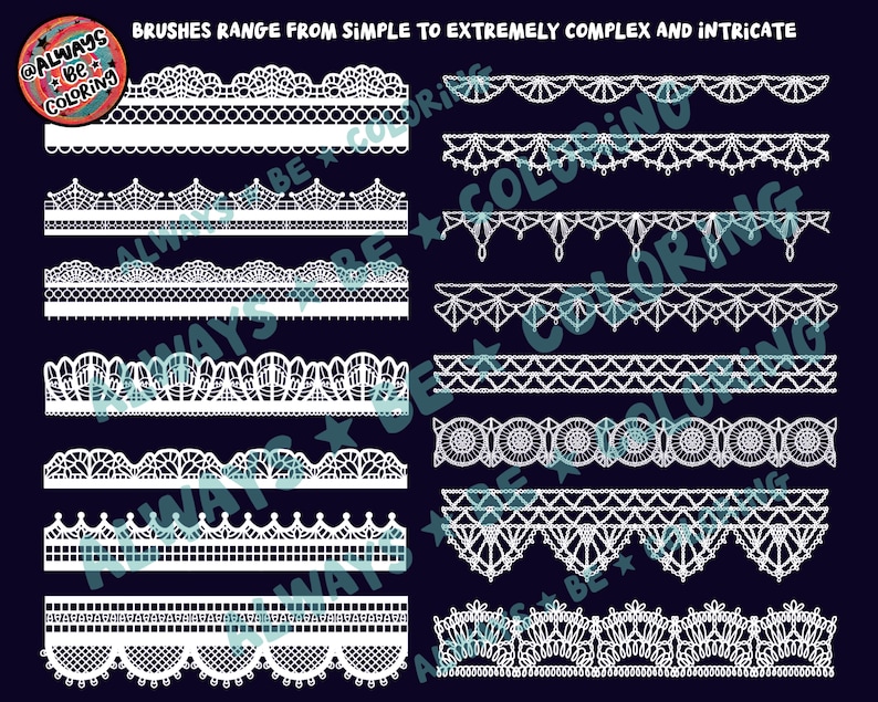 May include: A set of 10 white lace borders, ranging from simple to intricate, on a dark blue background. The borders are perfect for adding a touch of elegance to any project.