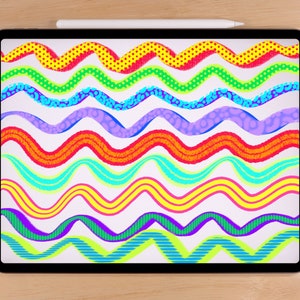 May include: A digital tablet screen displaying a variety of colorful wavy lines with different patterns, including polka dots, stripes, and zigzags.