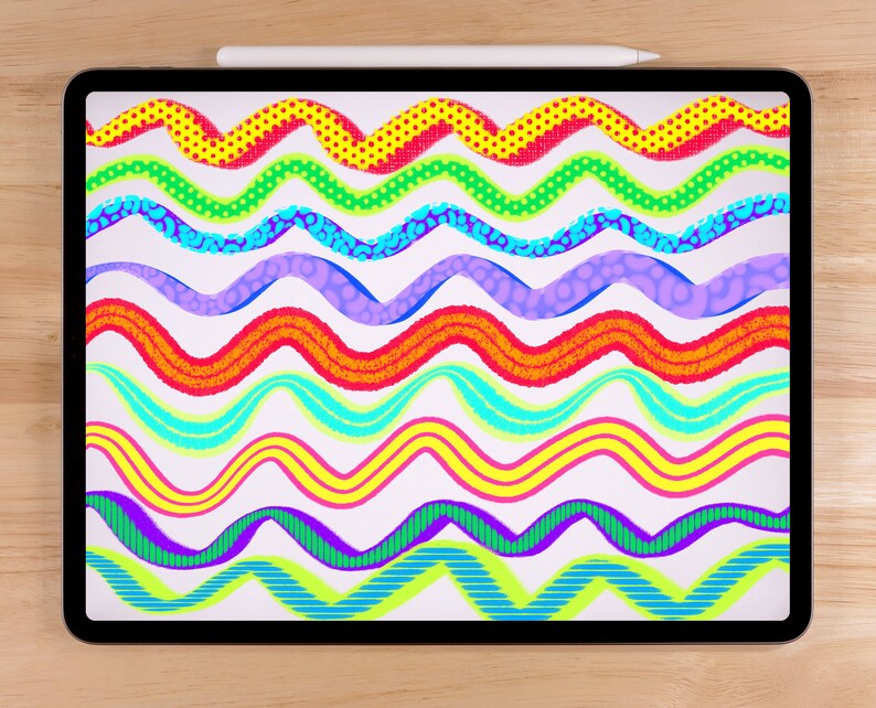 May include: A digital tablet screen displaying a variety of colorful wavy lines with different patterns, including polka dots, stripes, and zigzags.