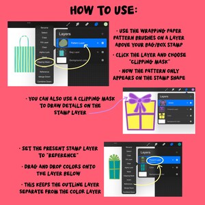 Puede incluir: Una captura de pantalla de un programa de arte digital que muestra c&oacute;mo usar m&aacute;scaras de recorte para crear patrones en un sello digital. La imagen muestra una bolsa y una caja de regalo con un patr&oacute;n aplicado a la superficie. El texto en la pantalla dice "C&oacute;mo usar: Usa los pinceles de patrones de papel de regalo en una capa sobre tu sello de bolsa/caja. Haz clic en la capa y elige "M&aacute;scara de recorte". Ahora el patr&oacute;n solo aparece en la forma del sello. Tambi&eacute;n puedes usar una m&aacute;scara de recorte para dibujar detalles en la capa del sello. Establece la capa de sello actual en "Referencia". Arrastra y suelta colores en la capa inferior. Esto mantiene la capa de contorno separada de la capa de color."