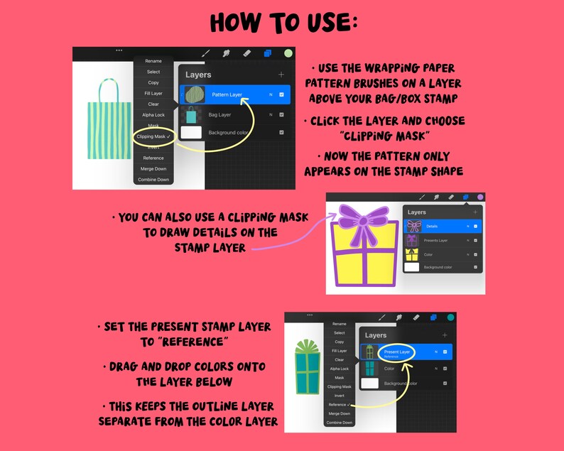 Puede incluir: Una captura de pantalla de un programa de arte digital que muestra c&oacute;mo usar m&aacute;scaras de recorte para crear patrones en un sello digital. La imagen muestra una bolsa y una caja de regalo con un patr&oacute;n aplicado a la superficie. El texto en la pantalla dice "C&oacute;mo usar: Usa los pinceles de patrones de papel de regalo en una capa sobre tu sello de bolsa/caja. Haz clic en la capa y elige "M&aacute;scara de recorte". Ahora el patr&oacute;n solo aparece en la forma del sello. Tambi&eacute;n puedes usar una m&aacute;scara de recorte para dibujar detalles en la capa del sello. Establece la capa de sello actual en "Referencia". Arrastra y suelta colores en la capa inferior. Esto mantiene la capa de contorno separada de la capa de color."