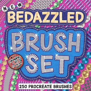 Może przedstawiać: Zestaw 250 pędzli Procreate z kolorowym, błyszczącym wzorem. Tekst "BEDAZZLED BRUSH SET" jest napisany błyszczącą czcionką na niebieskim tle. Obraz jest otoczony różnymi kolorowymi i błyszczącymi ozdobami.