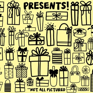 Puede incluir: Una colecci&oacute;n de ilustraciones dibujadas a mano en blanco y negro de cajas de regalo con varios dise&ntilde;os y cintas. El texto "PRESENTS!" est&aacute; escrito en letras grandes y negritas en la parte superior de la imagen. El texto "*NOT ALL PICTURED*" est&aacute; escrito en la parte inferior de la imagen.
