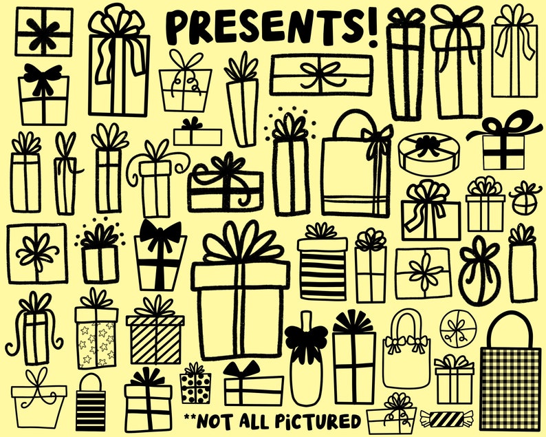Puede incluir: Una colecci&oacute;n de ilustraciones dibujadas a mano en blanco y negro de cajas de regalo con varios dise&ntilde;os y cintas. El texto "PRESENTS!" est&aacute; escrito en letras grandes y negritas en la parte superior de la imagen. El texto "*NOT ALL PICTURED*" est&aacute; escrito en la parte inferior de la imagen.