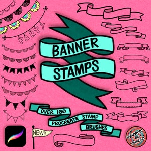 Ponad 100 pędzli Procreate Stamp Brushes z banerami i flagami! Procreate Banner Stamps, stwórz karty DIY, zaproszenia, naklejki lub użyj do majsterkowania