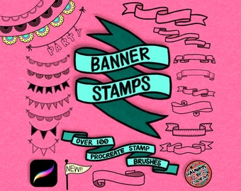 Over 100 Procreate Stamp Brushes with Banners and Flags! Procreate Banner Stamps, Make DIY Cards, Invitations, Stickers, or Use For Crafting