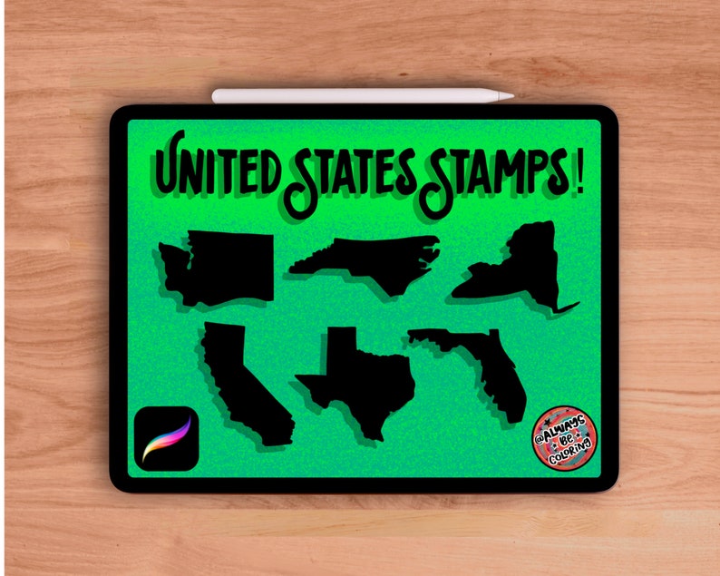 May include: A digital illustration of six US state outlines in black on a green background. The states are Washington, North Carolina, New York, California, Texas, and Florida. The text "UNITED STATES STAMPS!" is at the top of the image.