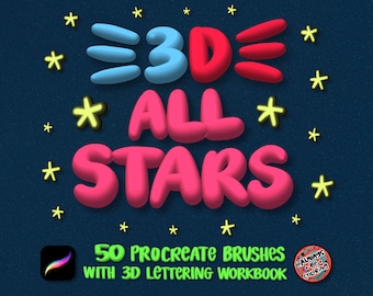 50 3D Procreate Pinsel mit Schriftzug Praxis Workbook! Dreidimensionale digitale Pinsel, Beschriftungs-Pinsel-Set, Handbuchstabe-Übung