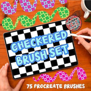 May include: A digital tablet displaying a chequered pattern with the text "CHECKERED BRUSH SET" in blue and white. The tablet is surrounded by a wavy pattern of colourful squares and circles. The text "75 PROCREATE BRUSHES" is displayed below the tablet.