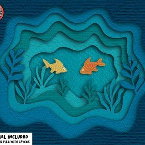 Puede incluir: Una ilustraci&oacute;n digital de una escena recortada en papel con dos peces nadando en un oc&eacute;ano azul. Los peces son amarillos y naranjas, y el oc&eacute;ano est&aacute; formado por diferentes tonos de azul. La escena est&aacute; rodeada de algas recortadas en papel azul.