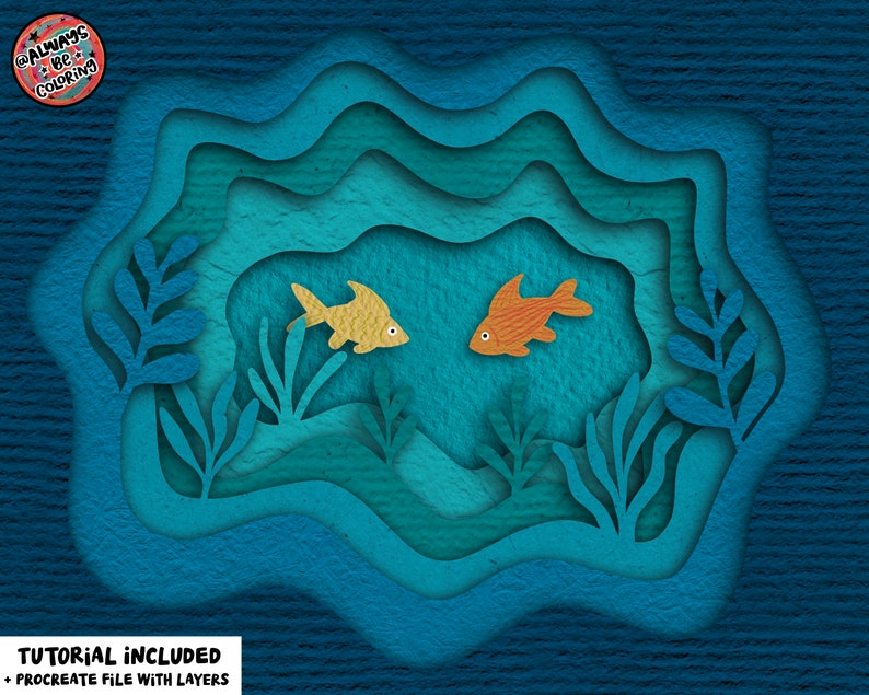 Puede incluir: Una ilustraci&oacute;n digital de una escena recortada en papel con dos peces nadando en un oc&eacute;ano azul. Los peces son amarillos y naranjas, y el oc&eacute;ano est&aacute; formado por diferentes tonos de azul. La escena est&aacute; rodeada de algas recortadas en papel azul.