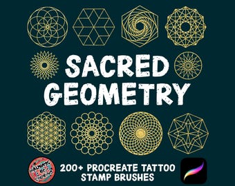 Mais de 200 pincéis de carimbo de símbolos de geometria sagrada Procreate, pacote de carimbos de formas geométricas Procreate, carimbos de tatuagem Procreate, formas abstratas
