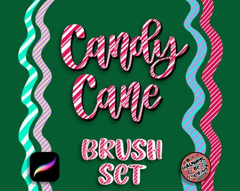 25 pinceles de letras Procreate a rayas de bastón de caramelo con pinceles arcoíris, nieve. Procreate Conjunto de pinceles navideños de vacaciones de invierno. ¡Haz tarjetas de bricolaje!