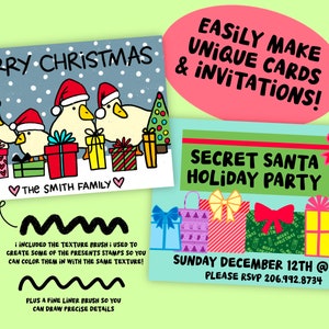 Puede incluir: Una ilustraci&oacute;n digital de una tarjeta de Navidad con una familia de ping&uuml;inos que llevan gorros de Pap&aacute; Noel y sostienen regalos. La tarjeta dice "Feliz Navidad" y "La familia Smith". La ilustraci&oacute;n est&aacute; en estilo de dibujos animados e incluye copos de nieve y un &aacute;rbol de Navidad.