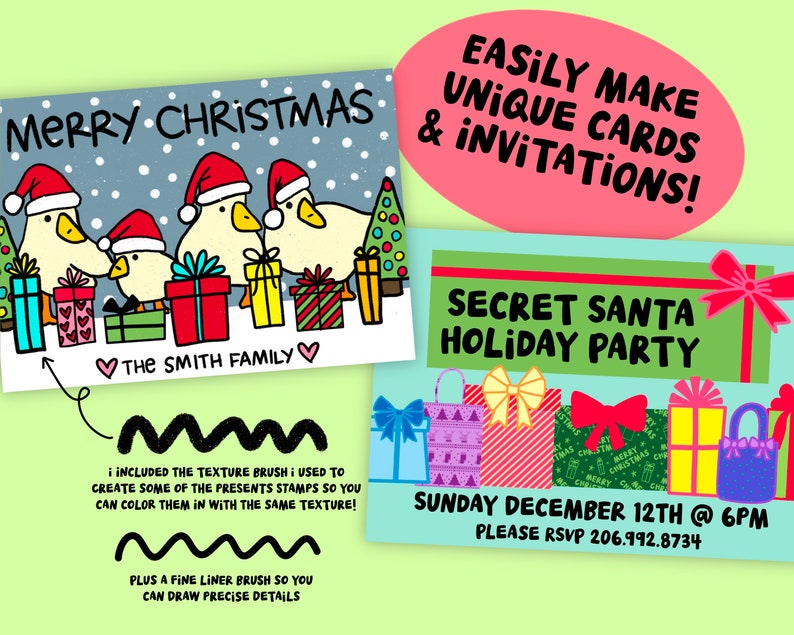 Puede incluir: Una ilustraci&oacute;n digital de una tarjeta de Navidad con una familia de ping&uuml;inos que llevan gorros de Pap&aacute; Noel y sostienen regalos. La tarjeta dice "Feliz Navidad" y "La familia Smith". La ilustraci&oacute;n est&aacute; en estilo de dibujos animados e incluye copos de nieve y un &aacute;rbol de Navidad.