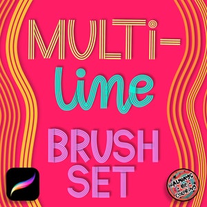 Könnte beinhalten: Multi-Line-Pinselset für digitale Kunst, mit einem farbenfrohen Design mit dem Text "MULTI-line BRUSH SET" und einem Procreate-App-Symbol. Der Hintergrund ist ein welliges Muster in Pink und Orange.